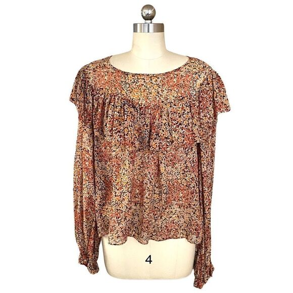 Love Shack Fancy Silk Print Peasant Blouse Sheer Ruffle Boho Floral S - Picture 1 of 10